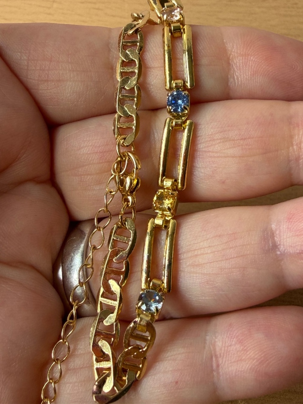 Vintage Multi Color Rhinestone Crystals GoldTone Mariner Link Chain Bracelet